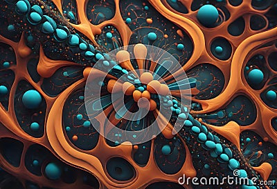Intricate biologic forms in blue and orange hues resembling cellular structures or underwater organisms, Generative AI Stock Photo