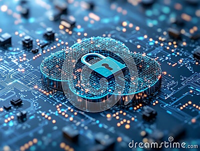 Intricate blue glowing cloud on a circuit board with active nodes, symbolizing data encryption, secure cloud systems, and innov Cartoon Illustration