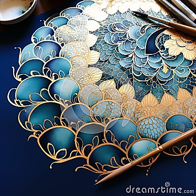 Intricate Blue And Gold Paintings With Eastern Brushwork Stock Photo