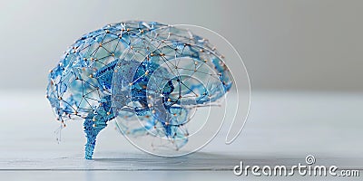 Blue Wireframe Brain Model With Connections. Artificial Intelligence, Machine Learning. AI Generated Stock Photo