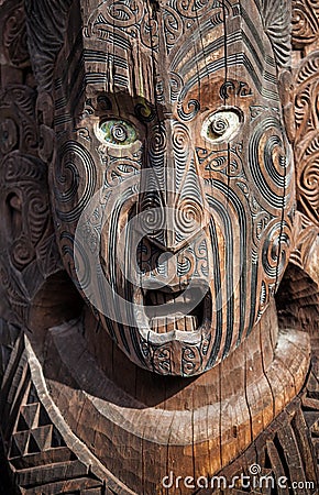 Close up of Maori Mask carving, Rotorua, New Zealand Editorial Stock Photo