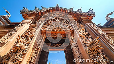 Intricate carvings on Thai temple doors. Elaborate temple entrance with traditional Thai Buddhist art. Concept of Stock Photo