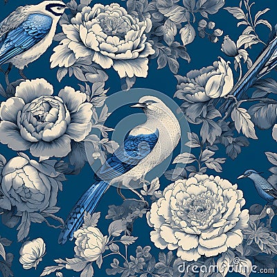 Intricate chinoiserie art with blue jay birds and peony flowers seamless pattern Stock Photo