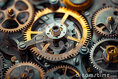 Intricate Clockwork Gears Precision, Mechanics, Interlocking, Golden, Bronze, Timepiece, Engineering Stock Photo