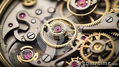 Complex clockwork mechanism with interlocking gears rotating smoothly Stock Photo