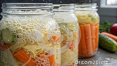 An intricate closeup of a fermentation process in action with bubbling jars containing assorted vegetables such as Stock Photo