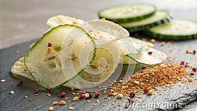 An intricate closeup of a single cucumber chip showcasing its delicate translucent layers and inviting crunch. Soft Stock Photo