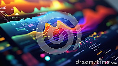 An intricate closeup of a specialized data visualization software interface with vibrant color gradients and animated Stock Photo