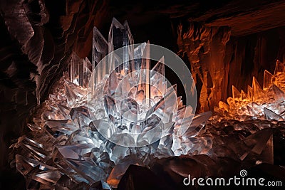 intricate crystal formation in cave, reflecting light and color Stock Photo