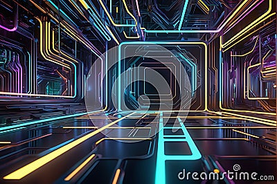 Intricate 3D Abstraction: Interconnected Technology Elements Weave a Neon Tapestry of Circuitry Stock Photo