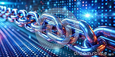 Intricate 3D Chain Links Encased in Binary Code on a Deep Blue Canvas A Futuristic Digital Art Piece Stock Photo