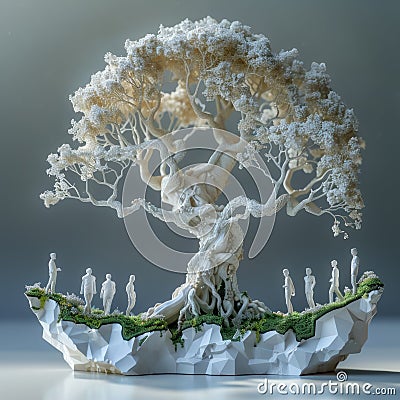 An intricate 3D model of a tree with branches representing different team roles rooted in a base of shared goals and values Stock Photo