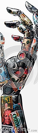 An intricate 3D visualization of a robot hand grasping various currencies, representing global financial automation , Hyper Stock Photo