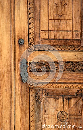 Intricate detail in old wood door Stock Photo