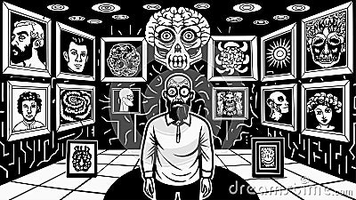 The intricate and detailed black and white ink drawings of a neurodivergent artist with OCD line the walls of the Vector Illustration