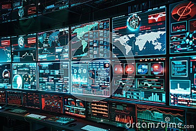 An intricate digital network display showcasing a cybersecurity experts response to cyberattacks with realtime monitoring of Stock Photo