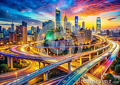 Intricate Double Exposure of a Modern Metropolis A Continuous Line Drawing Depicting Complex Transport Networks and Stock Photo