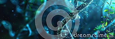 An intricate double helix structure of DNA twists amidst a captivating bioluminescent background, creating a mesmerizing Stock Photo