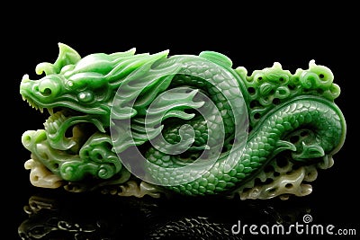 intricate dragon carving on vibrant green jade Stock Photo