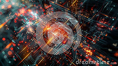 An intricate, dynamic, abstract visualization of big data processing, featuring massive information streams, complex Stock Photo