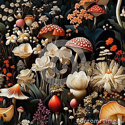 Intricate fabric or packaging design using watercolours of woodland mushrooms flies, blackheads and flowers. Seamless pattern Stock Photo