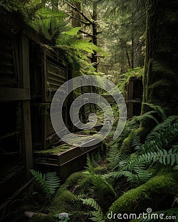 Intricate ferns weaving their way through splintered wood and broken lockers the peaceful beauty of nature in contrast Stock Photo
