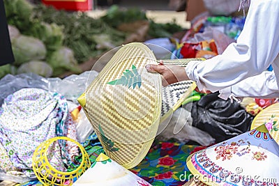 Intricate flower hmong indigenous tribe handycraft in Bac Ha market Editorial Stock Photo