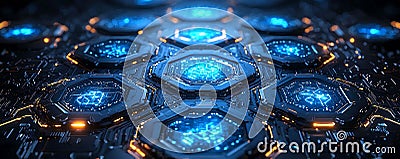 Intricate futuristic tech network. Glowing hexagonal nodes circuits depict digital connectivity, AI, big data, or blockchain Stock Photo