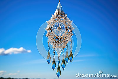 intricate glass wind chime hanging against a clear blue sky Stock Photo