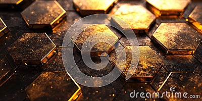 Intricate golden hexagonal patterns on a dark textured surface glowing under soft light Stock Photo