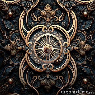 Intricate Golden Sun 3d Decorative Wallpaper With Dark Azure And Bronze Elements Stock Photo