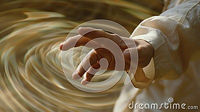 The intricate intricate hand movements of a person practicing Qi Gong with curling fingers and circular motions Stock Photo