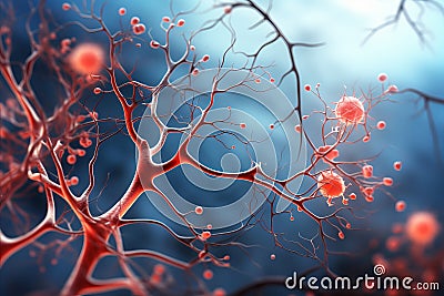 Intricate illustration of human brain and neuron cells with neural networks and synaptic connections Cartoon Illustration