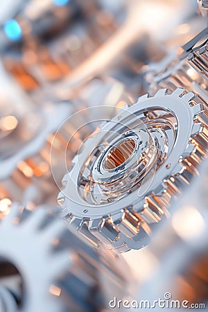 Intricate, interconnected metallic gears and robotic mechanisms create a dynamic abstract composition enhanced by blue Stock Photo