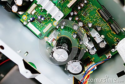 Intricate Layout: Large Capacitors in Class D Amplifier with Transistors and Editorial Stock Photo