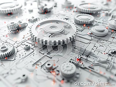 Intricate macro shot of interconnected gray gears on a circuit board with glowing red lights Generative AI Stock Photo