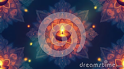 Intricate Mandala Design with Glowing Diya Lamp in the Center Stock Photo