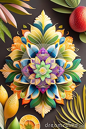 an intricate mandala pattern featuring a fusion of tropical plants. Ai-Generated. Stock Photo