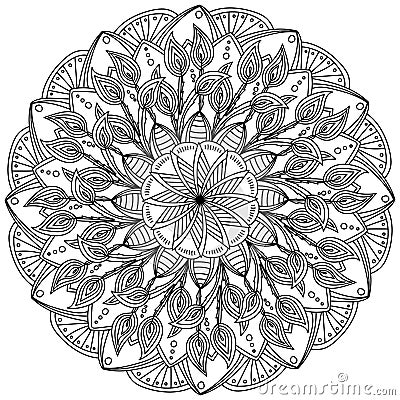 Intricate mandala with striped patterns and peacock feathers, coloring page with ornate motifs Vector Illustration