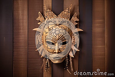 an intricate mask carved from bamboo placed against a grainy wooden background Stock Photo