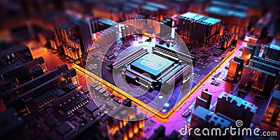 An intricate microelectronic motherboard processor background, showcasing the complexity and sophistication of modern Stock Photo