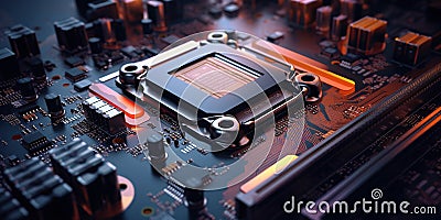 An intricate microelectronic motherboard processor background, showcasing the complexity and sophistication of modern Stock Photo