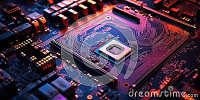 An intricate microelectronic motherboard processor background, showcasing the complexity and sophistication of modern Stock Photo