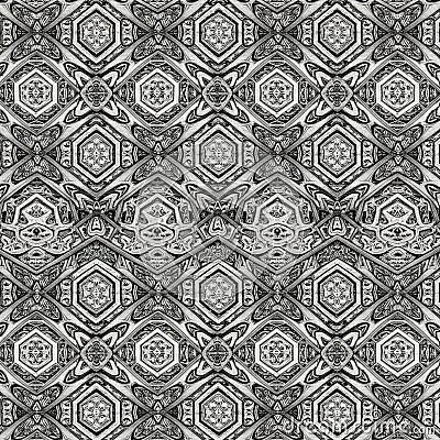Intricate monochrome pattern featuring hexagonal and diamond shapes arranged in a symmetrical, repeating design. Stock Photo