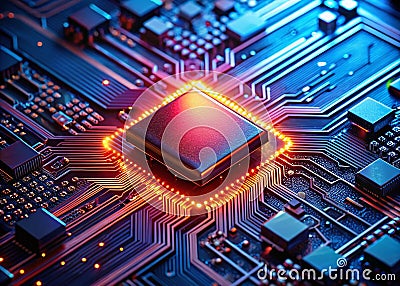 Intricate Network of Advanced Technology A Glowing Microchip CloseUp Unveiling the Future of Circuitry with Vibrant Red Stock Photo