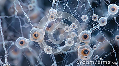An intricate network of thin branching hyphae reaching outwards and connecting to form a complex and hidden forest Stock Photo