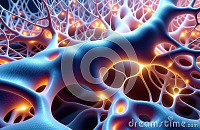 Intricate neural network: bioluminescent pathways in a complex interwoven system. AI generation Stock Photo
