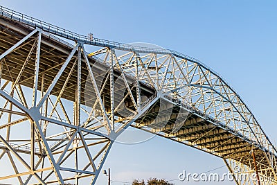 Intricate Patterns of the Steel and Iron Works of a Coastal Bridge in Corpus Christi Stock Photo