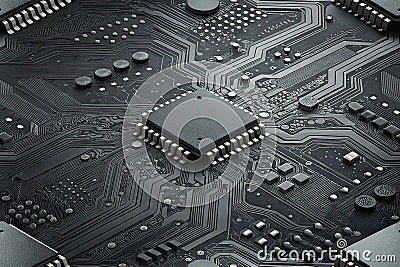 Intricate Retro Circuit Board Macro A Dark Grey Scale Exploration of Printed Circuit Technology showcasing the Rule of Stock Photo