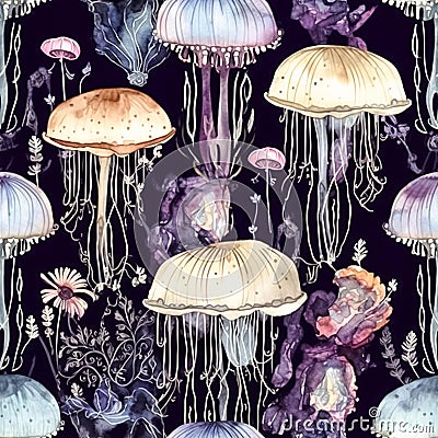 Intricate seamles pattern with fairytale magic mushrooms. Whimsical background with mushrooms Stock Photo